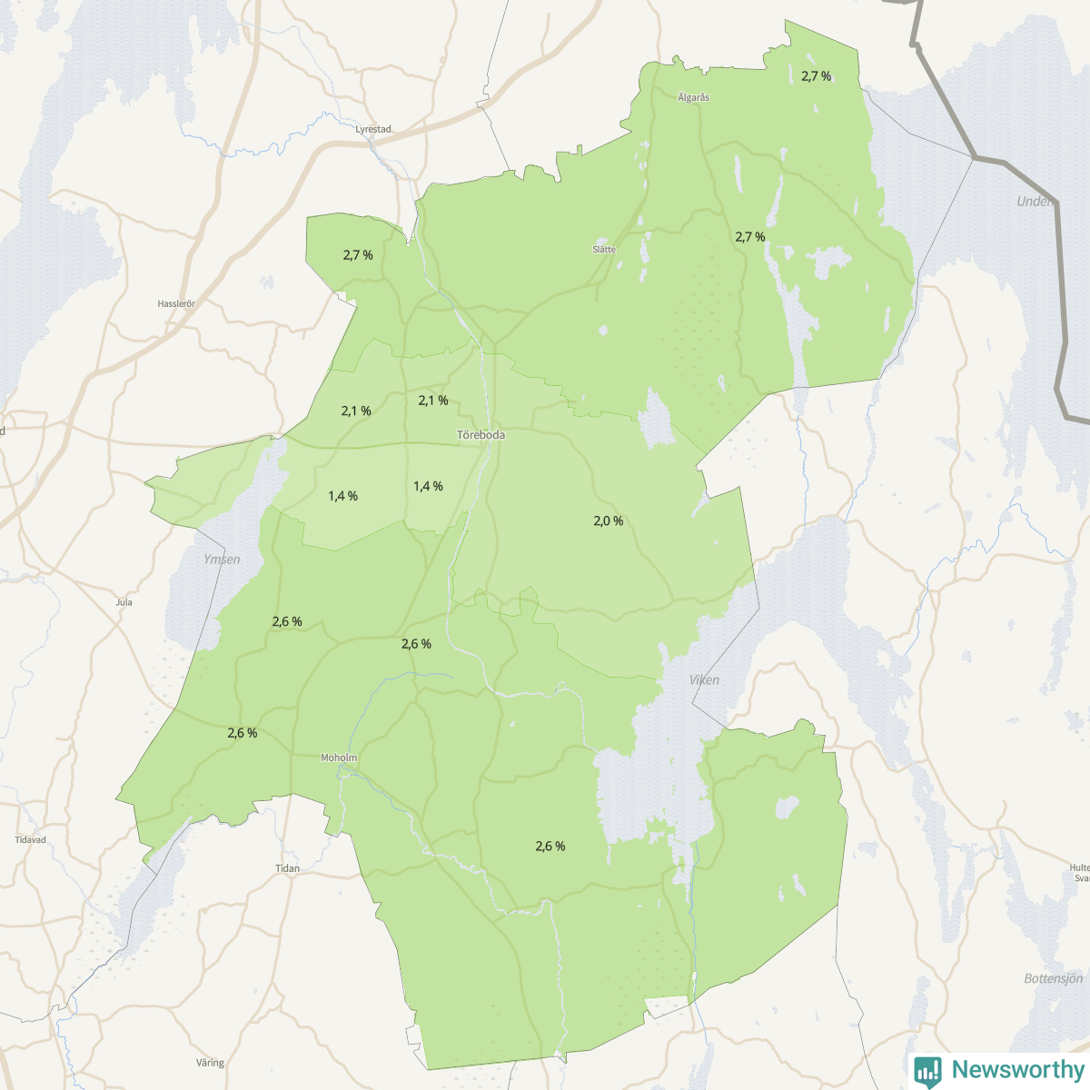 Koroplet-karta över partiets stöd i kommunens valdistrikt. Se tabell.