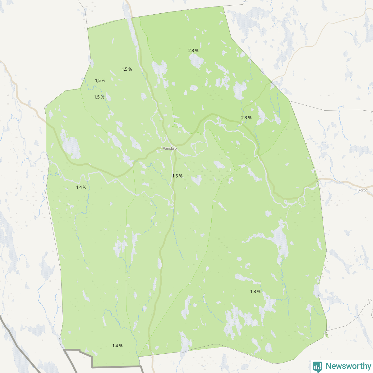 Koroplet-karta över partiets stöd i kommunens valdistrikt. Se tabell.