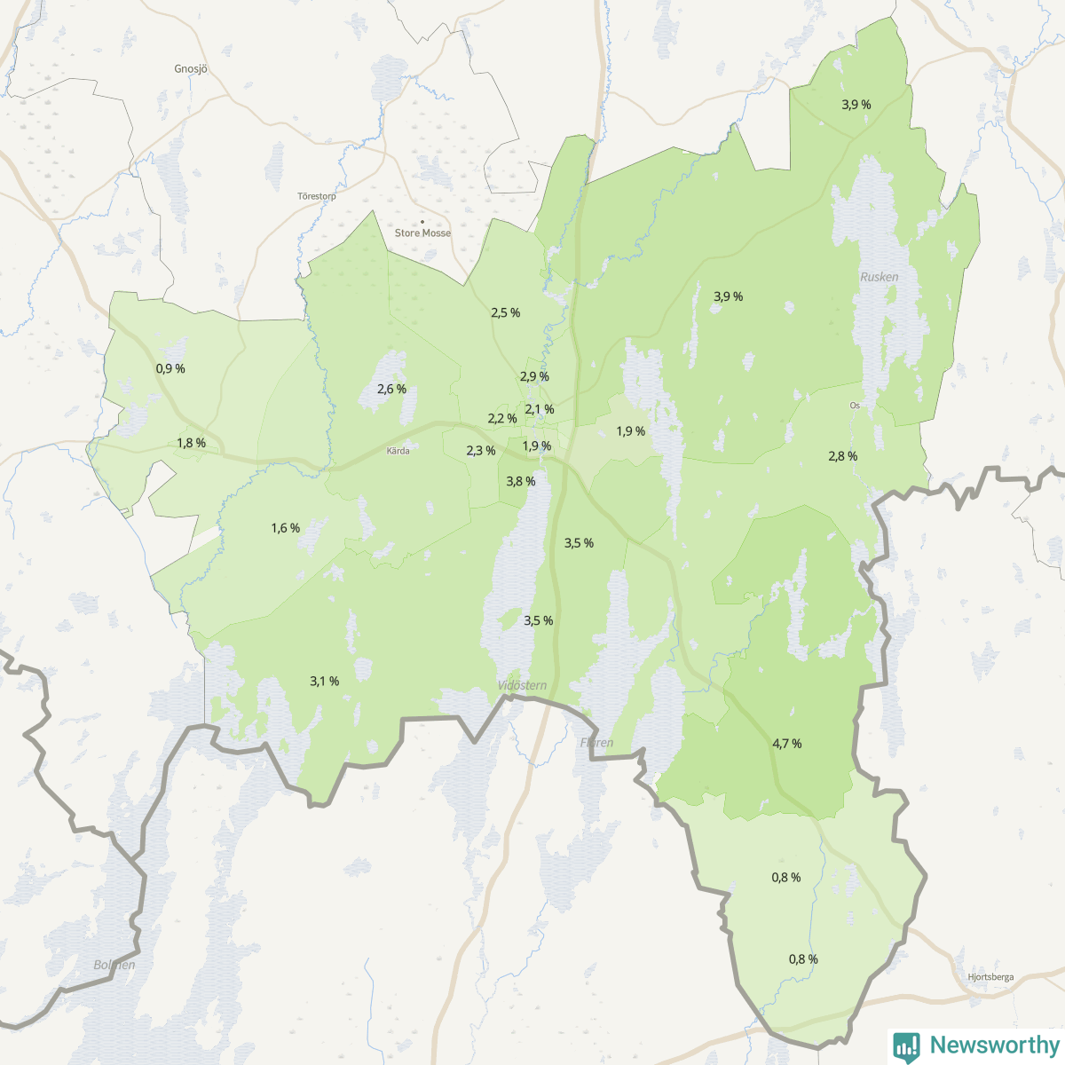 Koroplet-karta över partiets stöd i kommunens valdistrikt. Se tabell.
