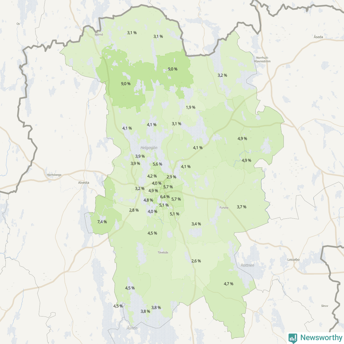 Koroplet-karta över partiets stöd i kommunens valdistrikt. Se tabell.
