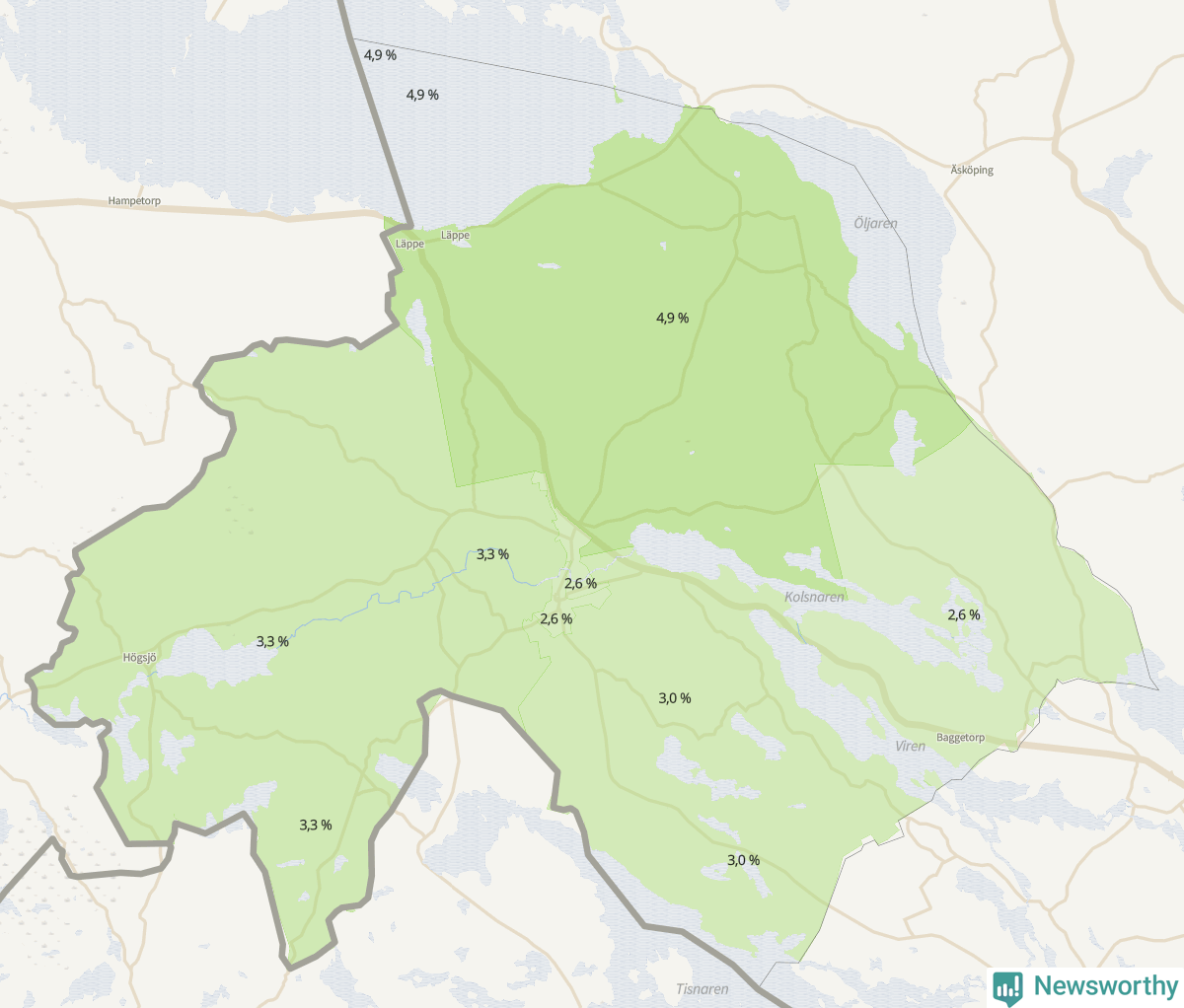 Koroplet-karta över partiets stöd i kommunens valdistrikt. Se tabell.