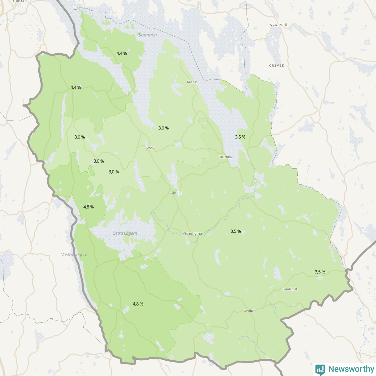 Koroplet-karta över partiets stöd i kommunens valdistrikt. Se tabell.