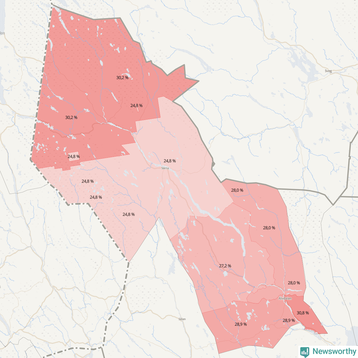 Koroplet-karta över partiets stöd i kommunens valdistrikt. Se tabell.