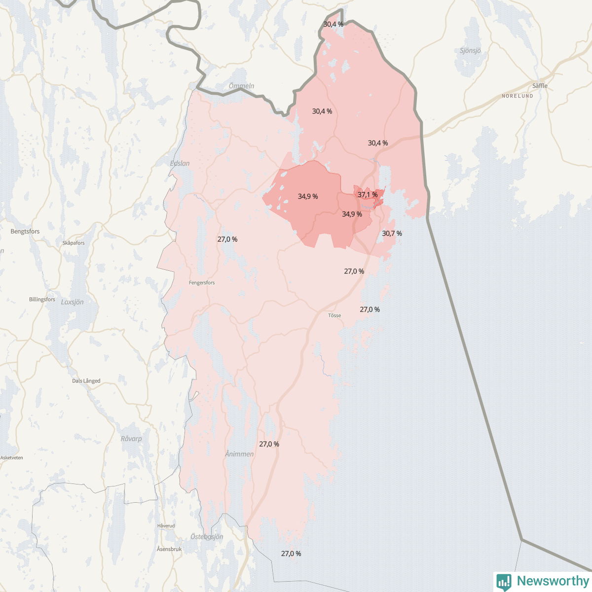 Koroplet-karta över partiets stöd i kommunens valdistrikt. Se tabell.