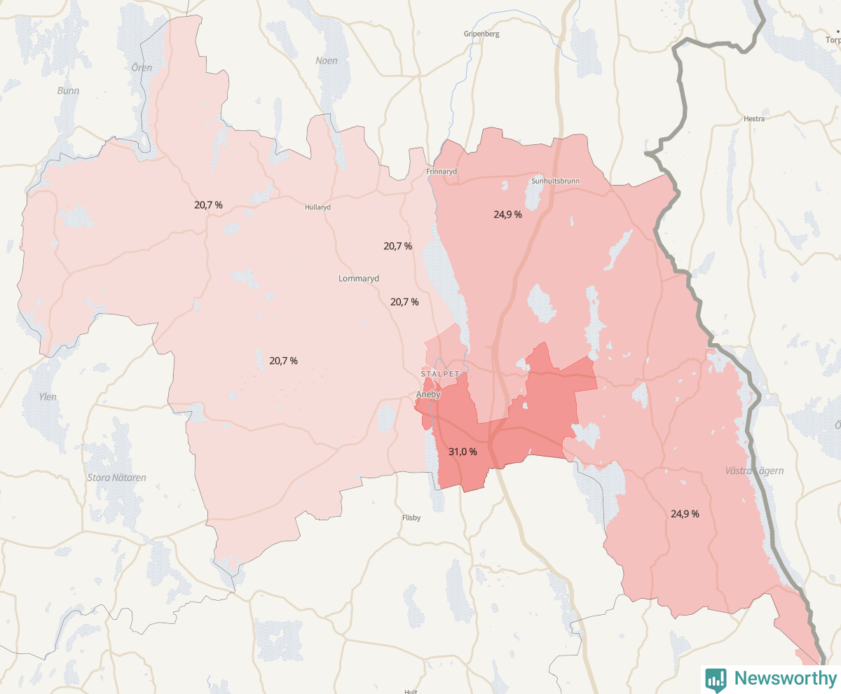 Koroplet-karta över partiets stöd i kommunens valdistrikt. Se tabell.