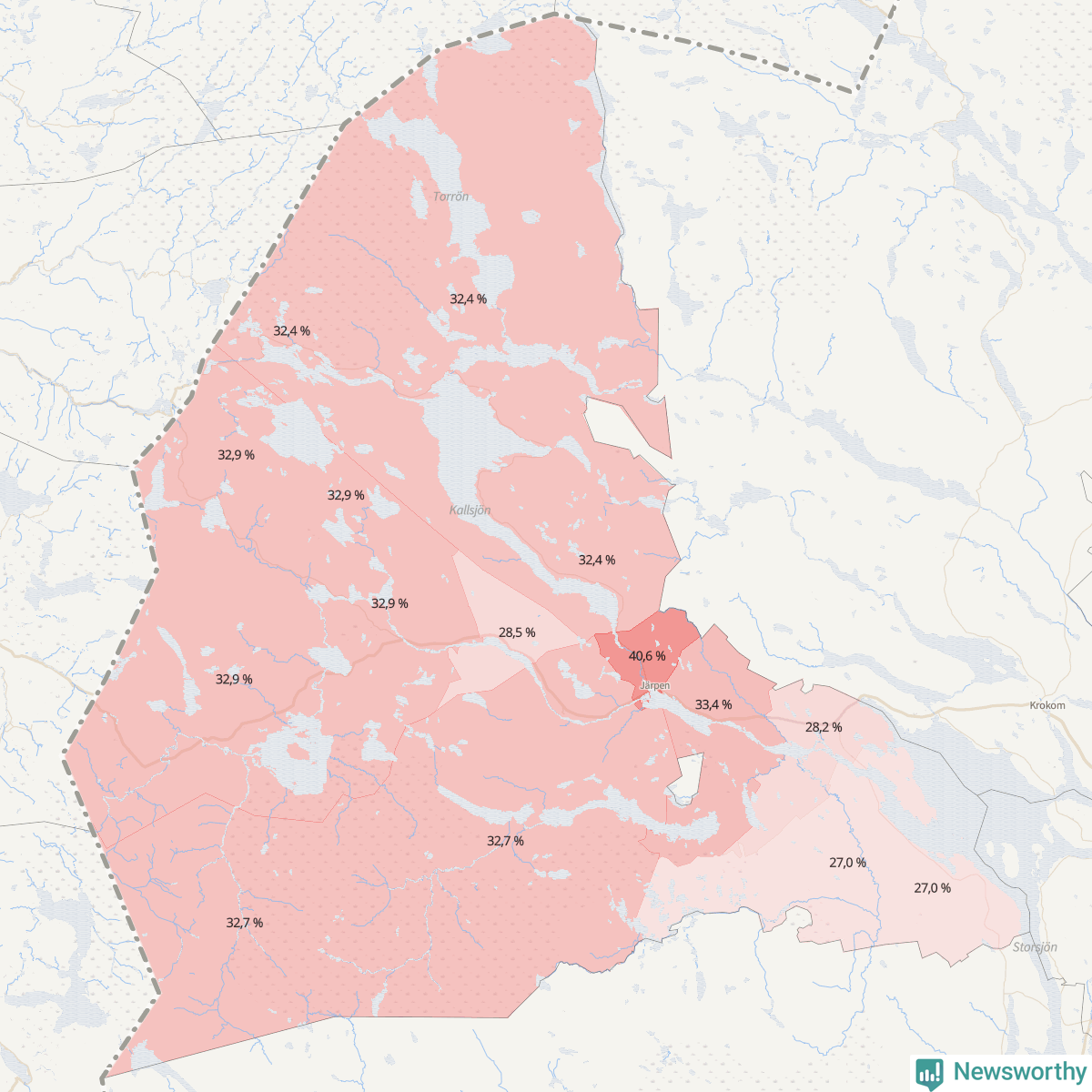 Koroplet-karta över partiets stöd i kommunens valdistrikt. Se tabell.