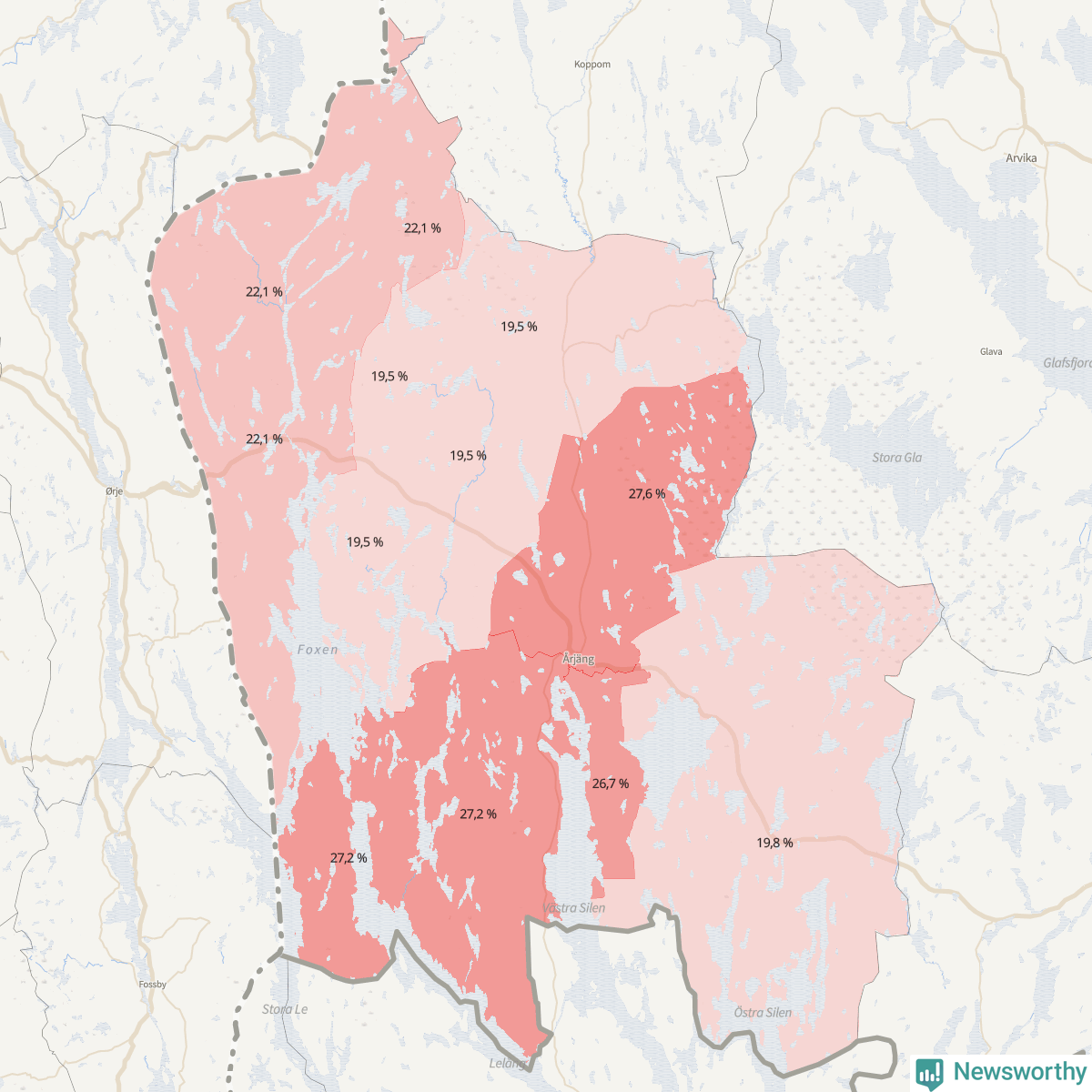 Koroplet-karta över partiets stöd i kommunens valdistrikt. Se tabell.