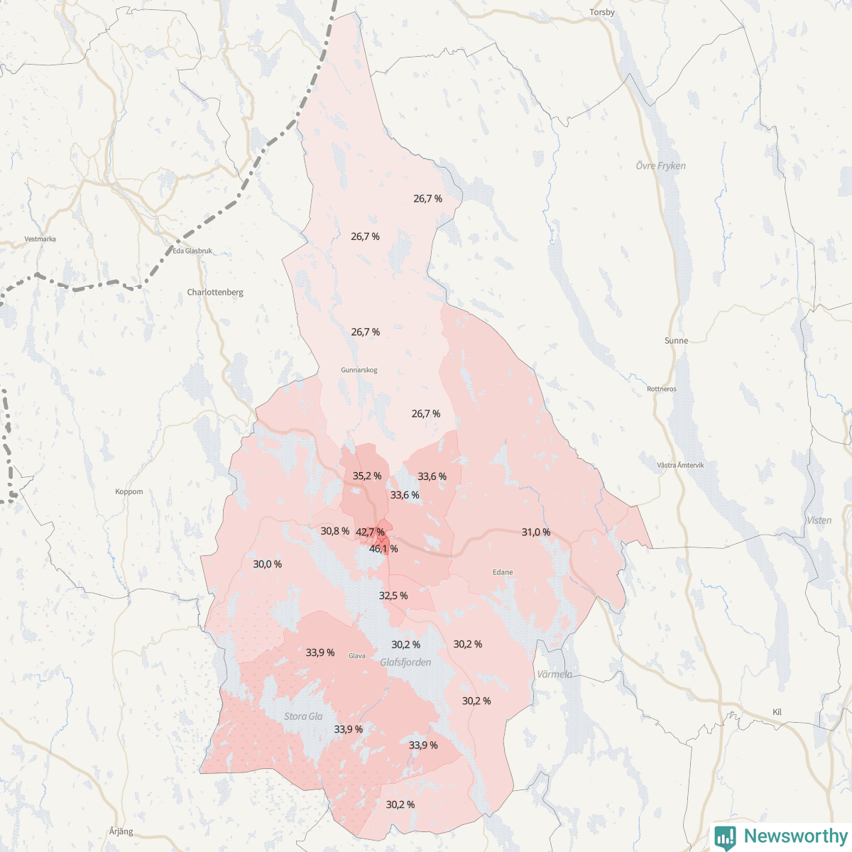 Koroplet-karta över partiets stöd i kommunens valdistrikt. Se tabell.