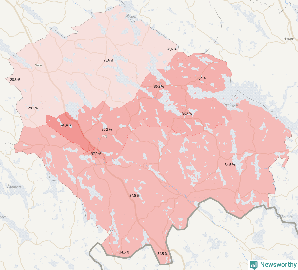 Koroplet-karta över partiets stöd i kommunens valdistrikt. Se tabell.