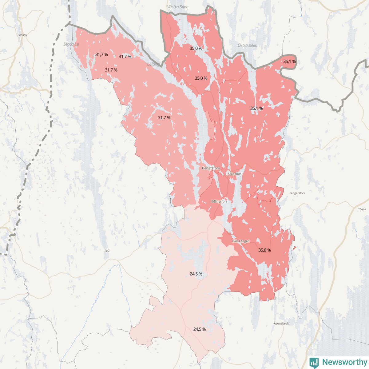 Koroplet-karta över partiets stöd i kommunens valdistrikt. Se tabell.
