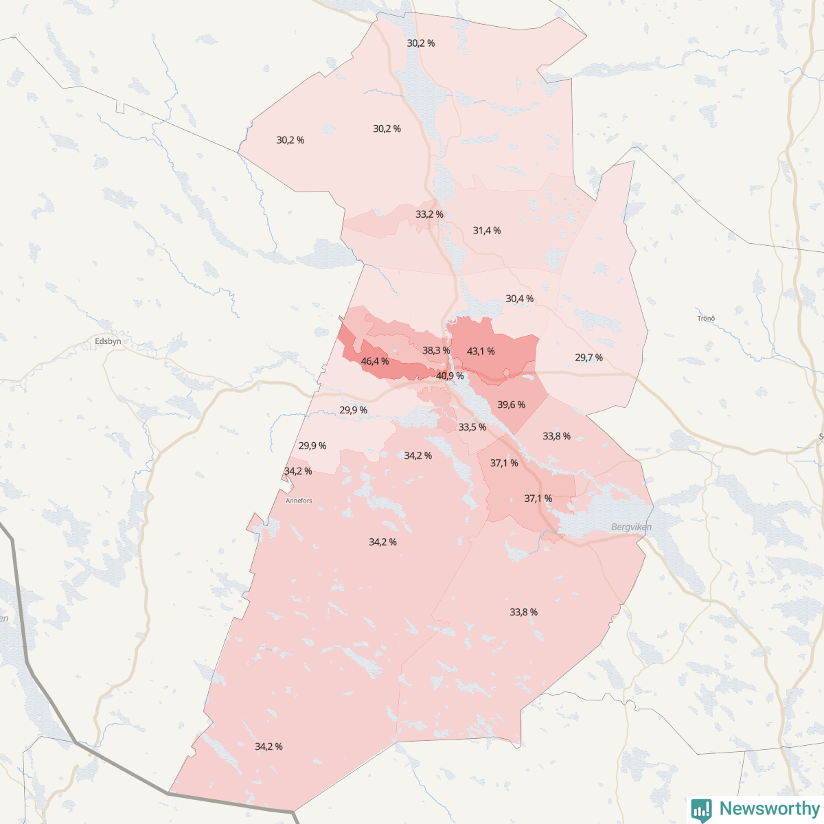 Koroplet-karta över partiets stöd i kommunens valdistrikt. Se tabell.