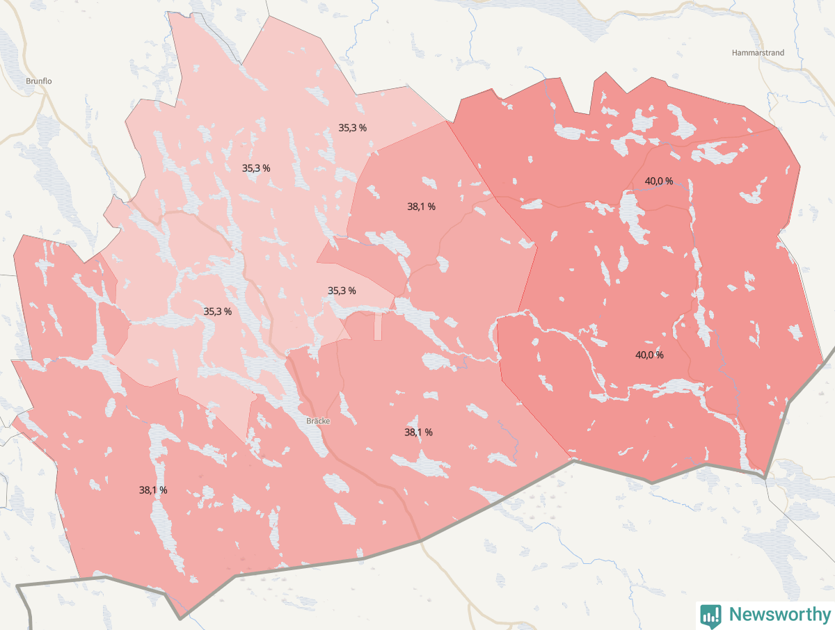 Koroplet-karta över partiets stöd i kommunens valdistrikt. Se tabell.