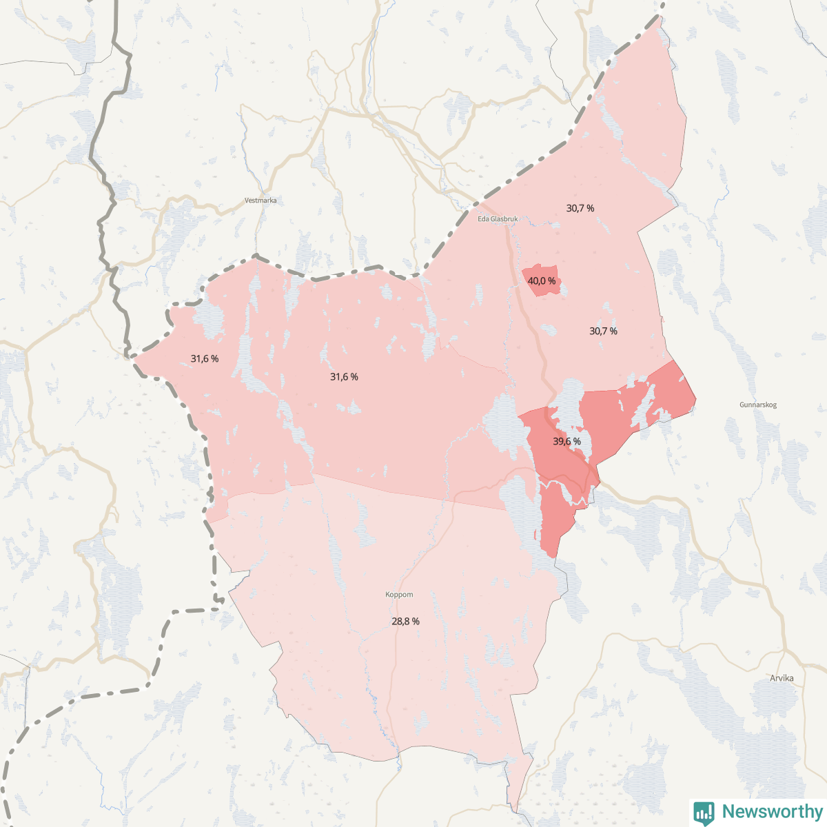 Koroplet-karta över partiets stöd i kommunens valdistrikt. Se tabell.