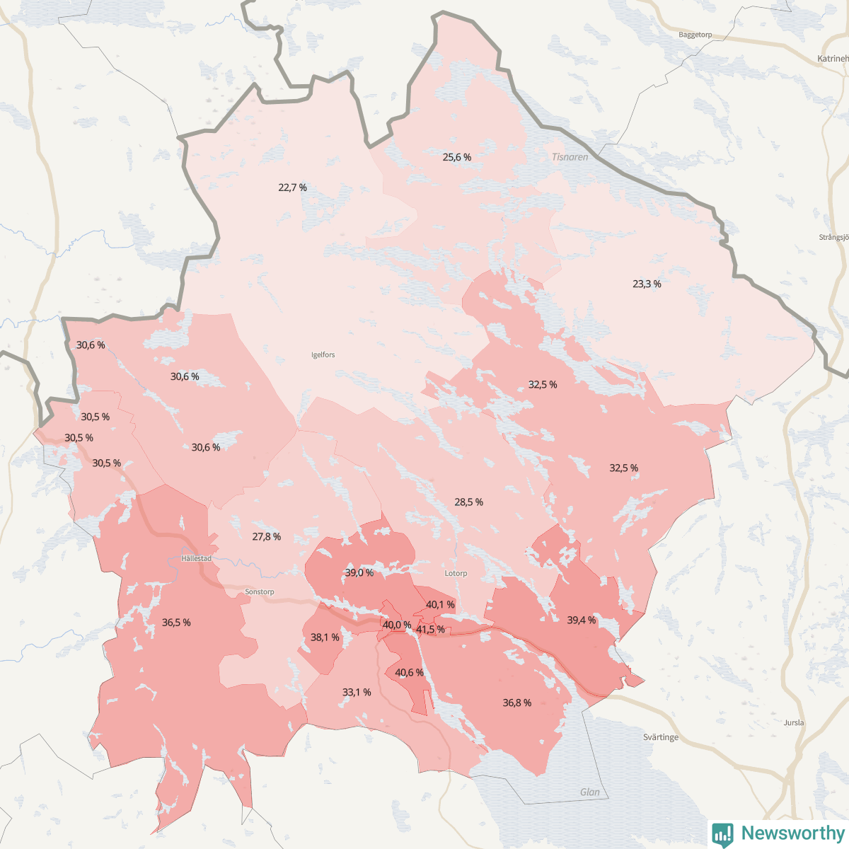 Koroplet-karta över partiets stöd i kommunens valdistrikt. Se tabell.