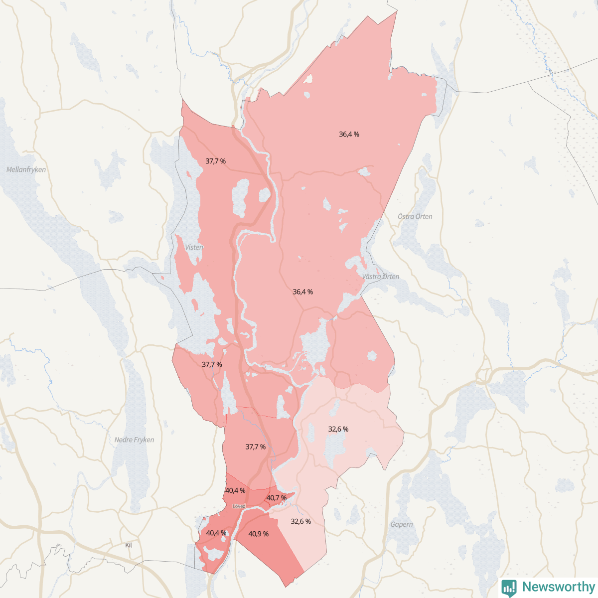 Koroplet-karta över partiets stöd i kommunens valdistrikt. Se tabell.