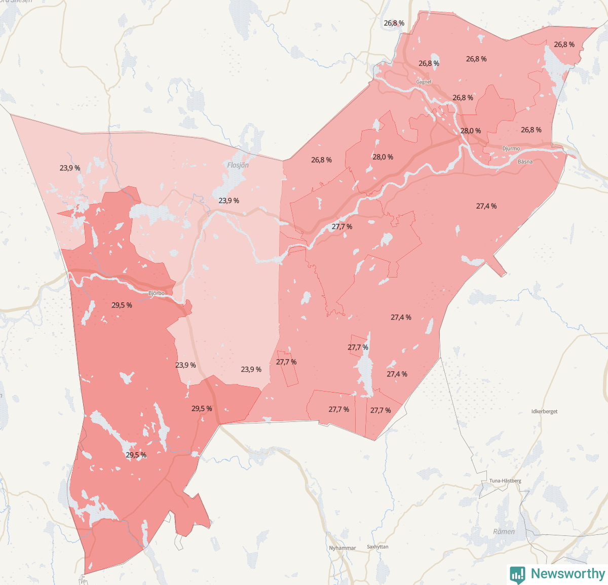 Koroplet-karta över partiets stöd i kommunens valdistrikt. Se tabell.
