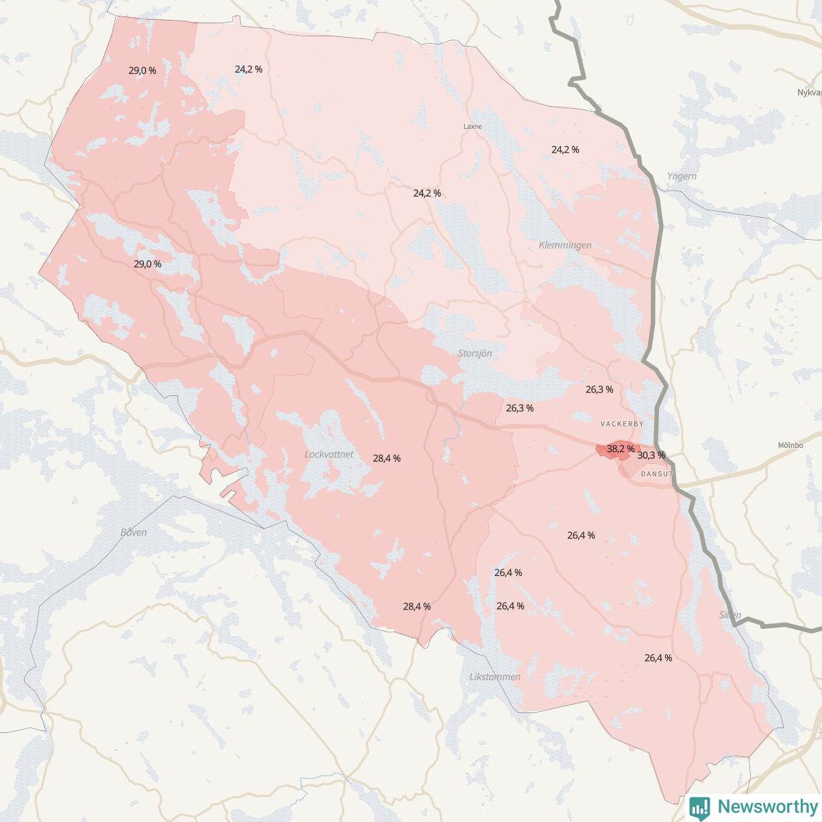 Koroplet-karta över partiets stöd i kommunens valdistrikt. Se tabell.