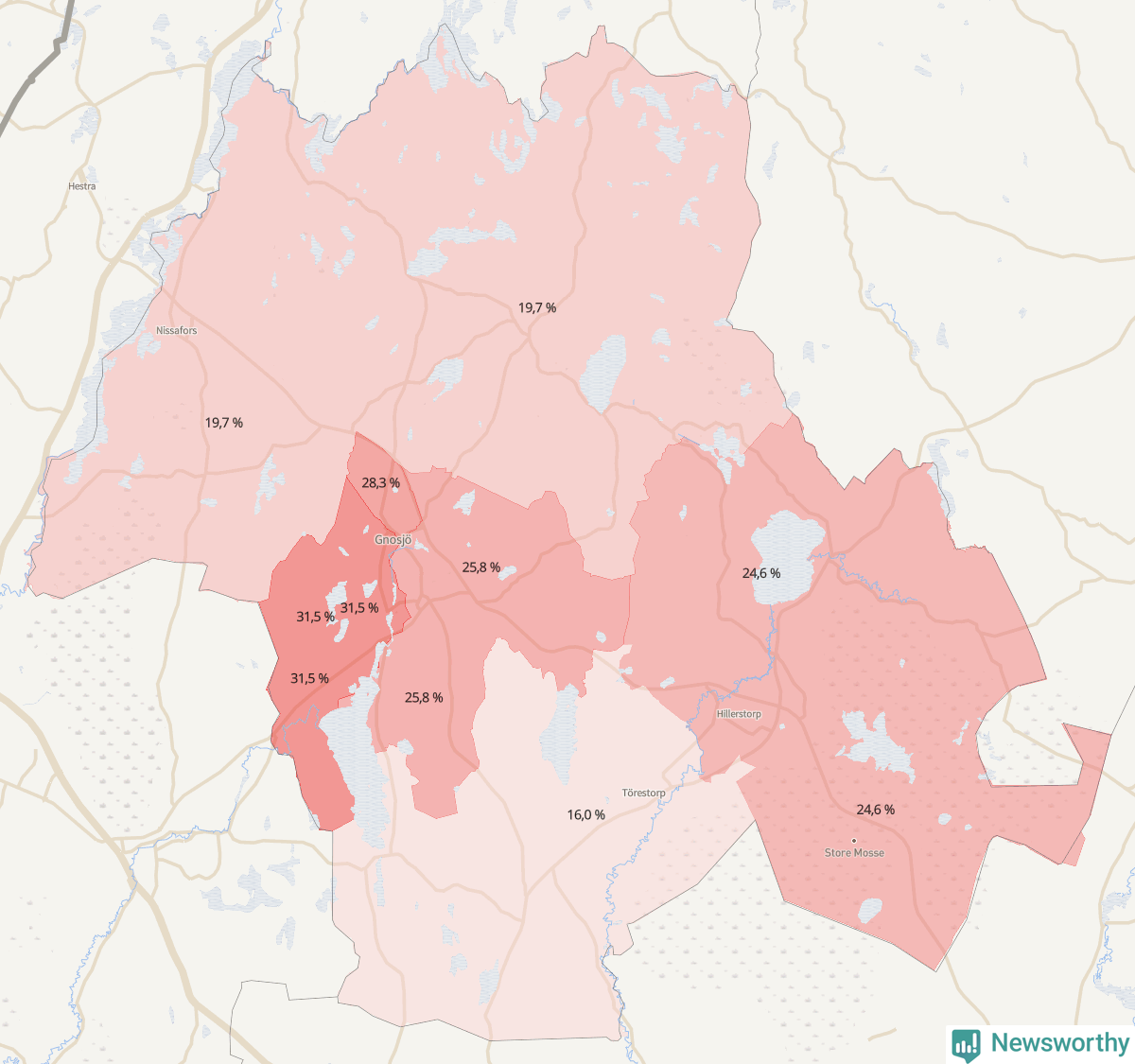 Koroplet-karta över partiets stöd i kommunens valdistrikt. Se tabell.