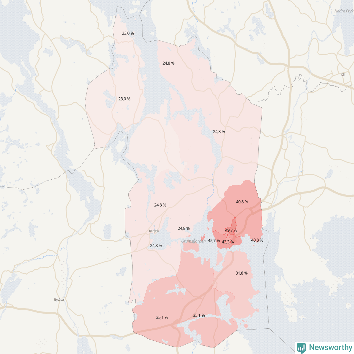 Koroplet-karta över partiets stöd i kommunens valdistrikt. Se tabell.