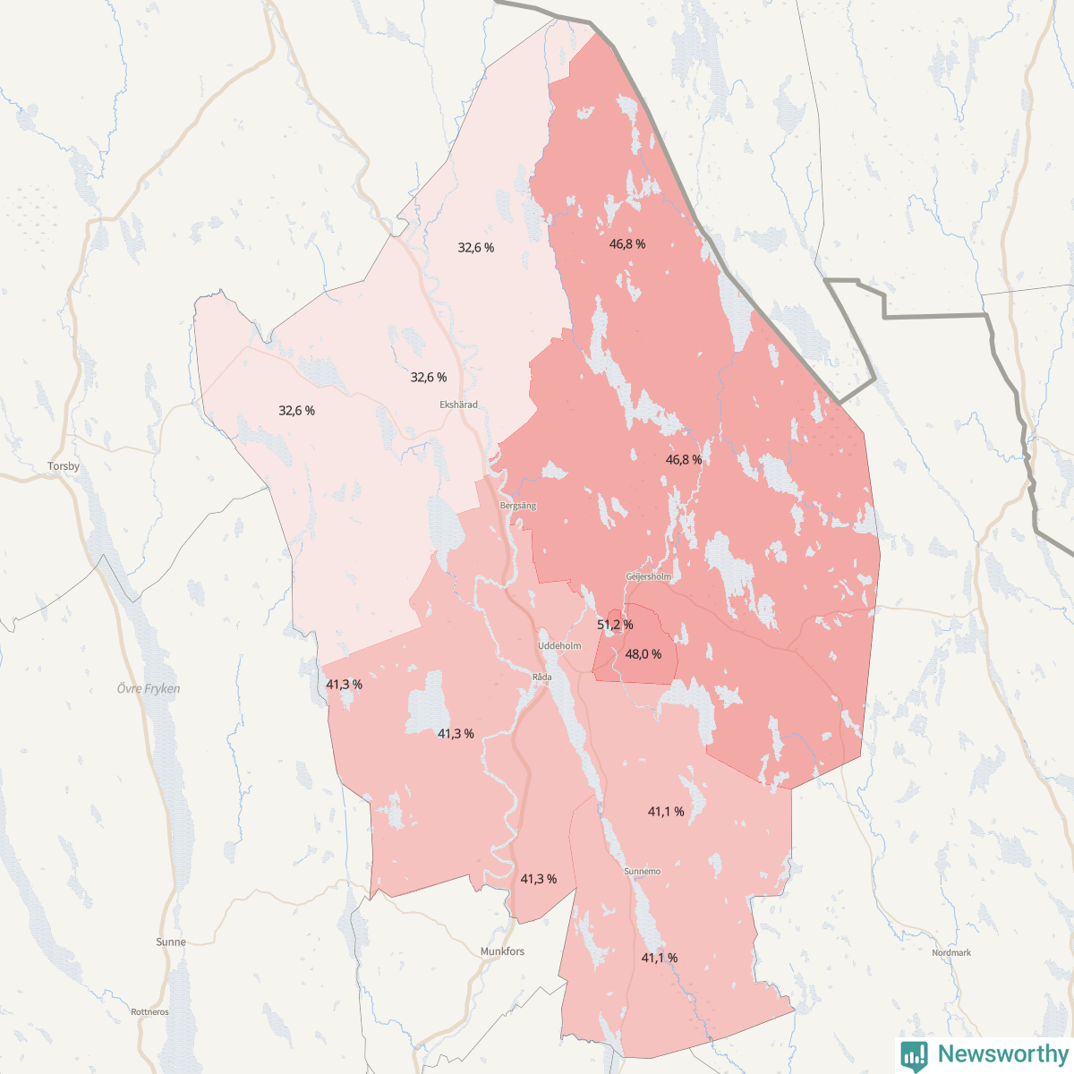 Koroplet-karta över partiets stöd i kommunens valdistrikt. Se tabell.