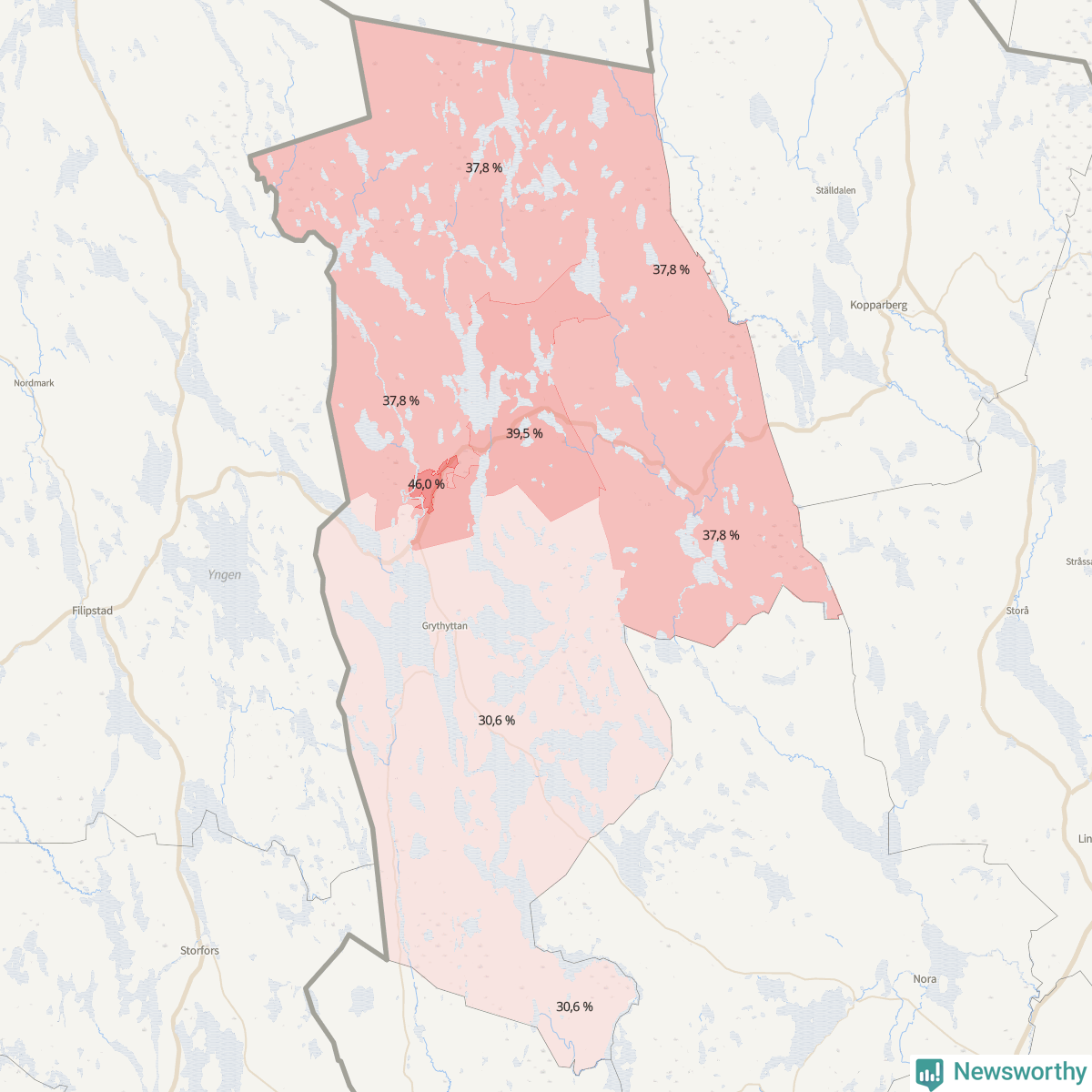 Koroplet-karta över partiets stöd i kommunens valdistrikt. Se tabell.