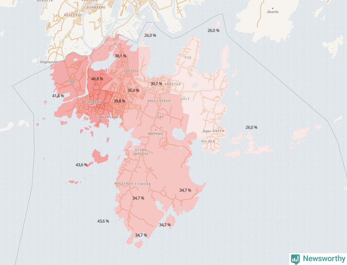 Koroplet-karta över partiets stöd i kommunens valdistrikt. Se tabell.