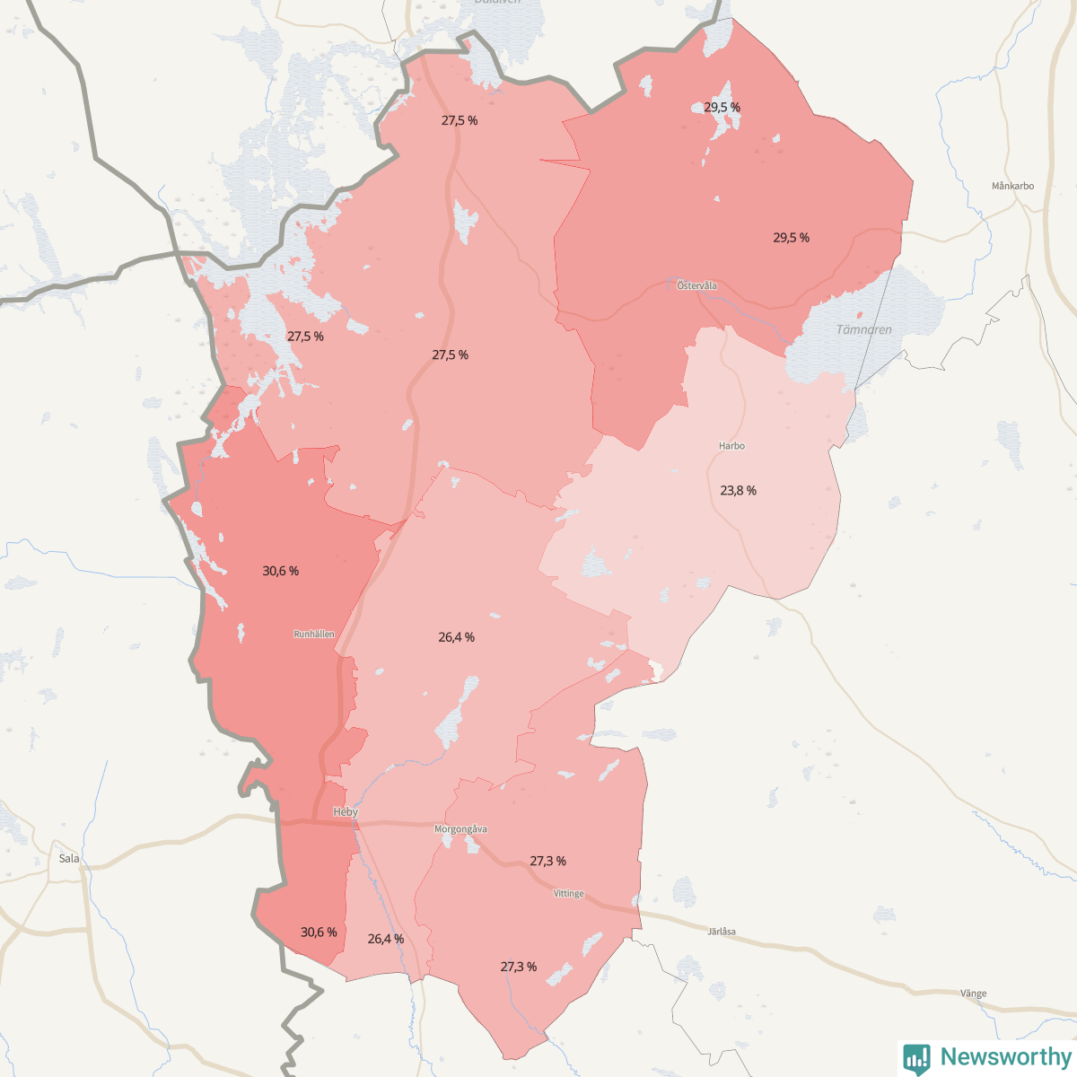 Koroplet-karta över partiets stöd i kommunens valdistrikt. Se tabell.