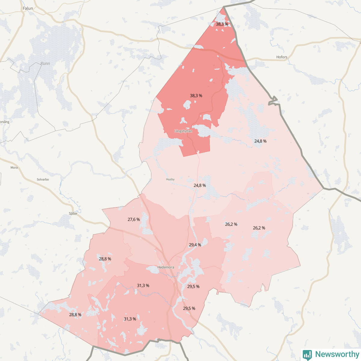 Koroplet-karta över partiets stöd i kommunens valdistrikt. Se tabell.