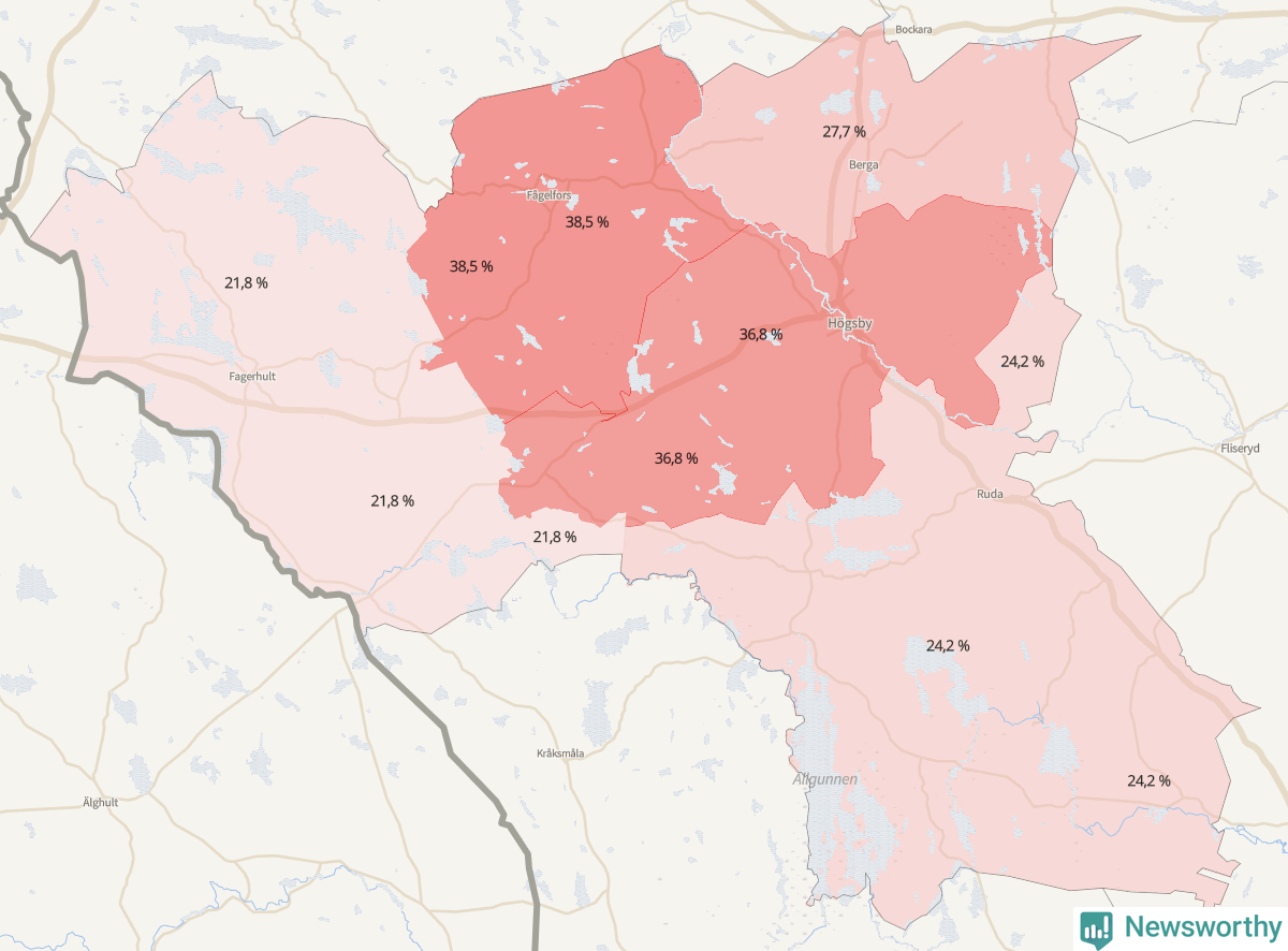 Koroplet-karta över partiets stöd i kommunens valdistrikt. Se tabell.