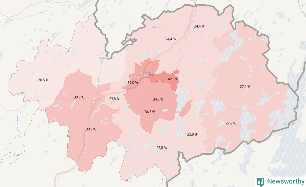 Koroplet-karta över partiets stöd i kommunens valdistrikt. Se tabell.