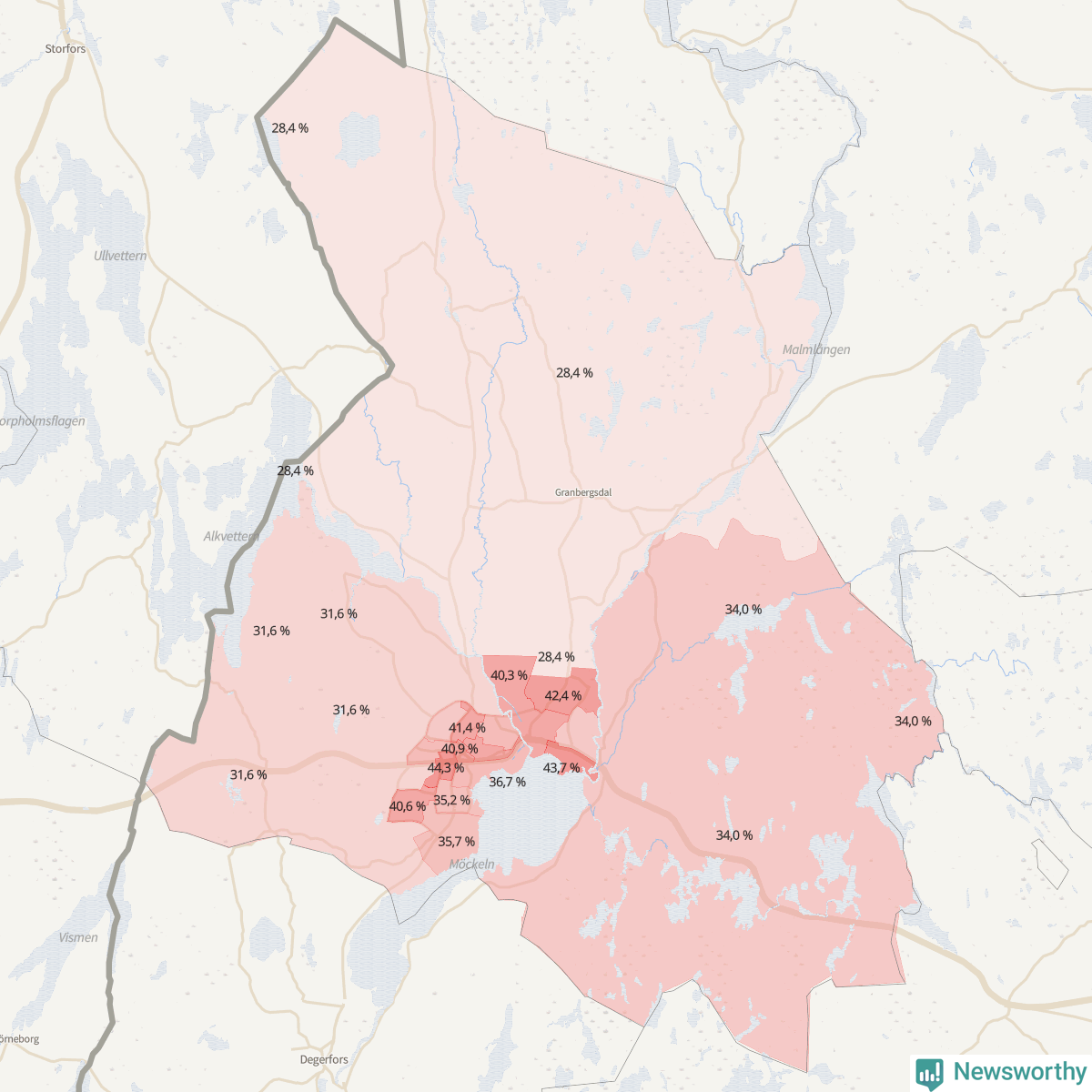 Koroplet-karta över partiets stöd i kommunens valdistrikt. Se tabell.
