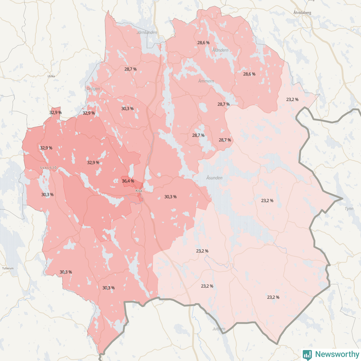 Koroplet-karta över partiets stöd i kommunens valdistrikt. Se tabell.