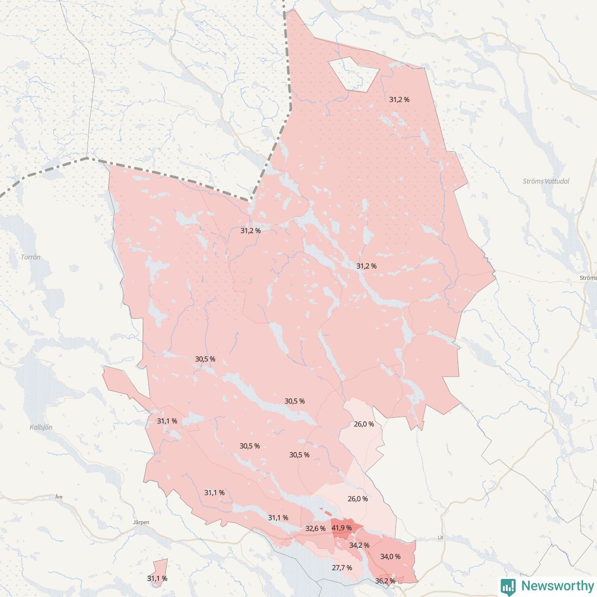 Koroplet-karta över partiets stöd i kommunens valdistrikt. Se tabell.
