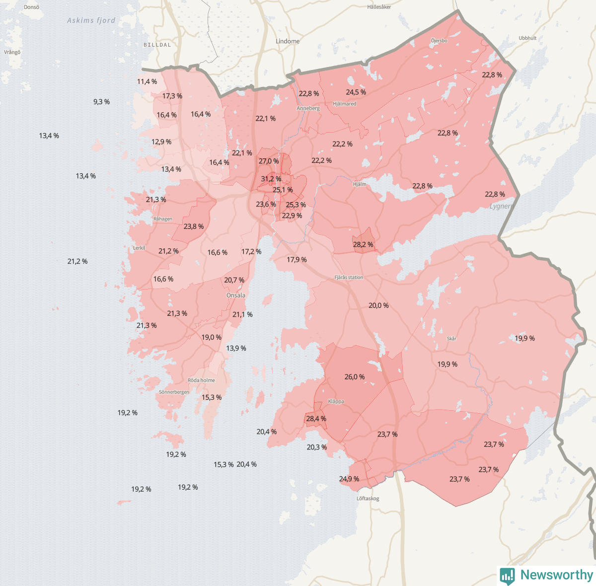 Koroplet-karta över partiets stöd i kommunens valdistrikt. Se tabell.