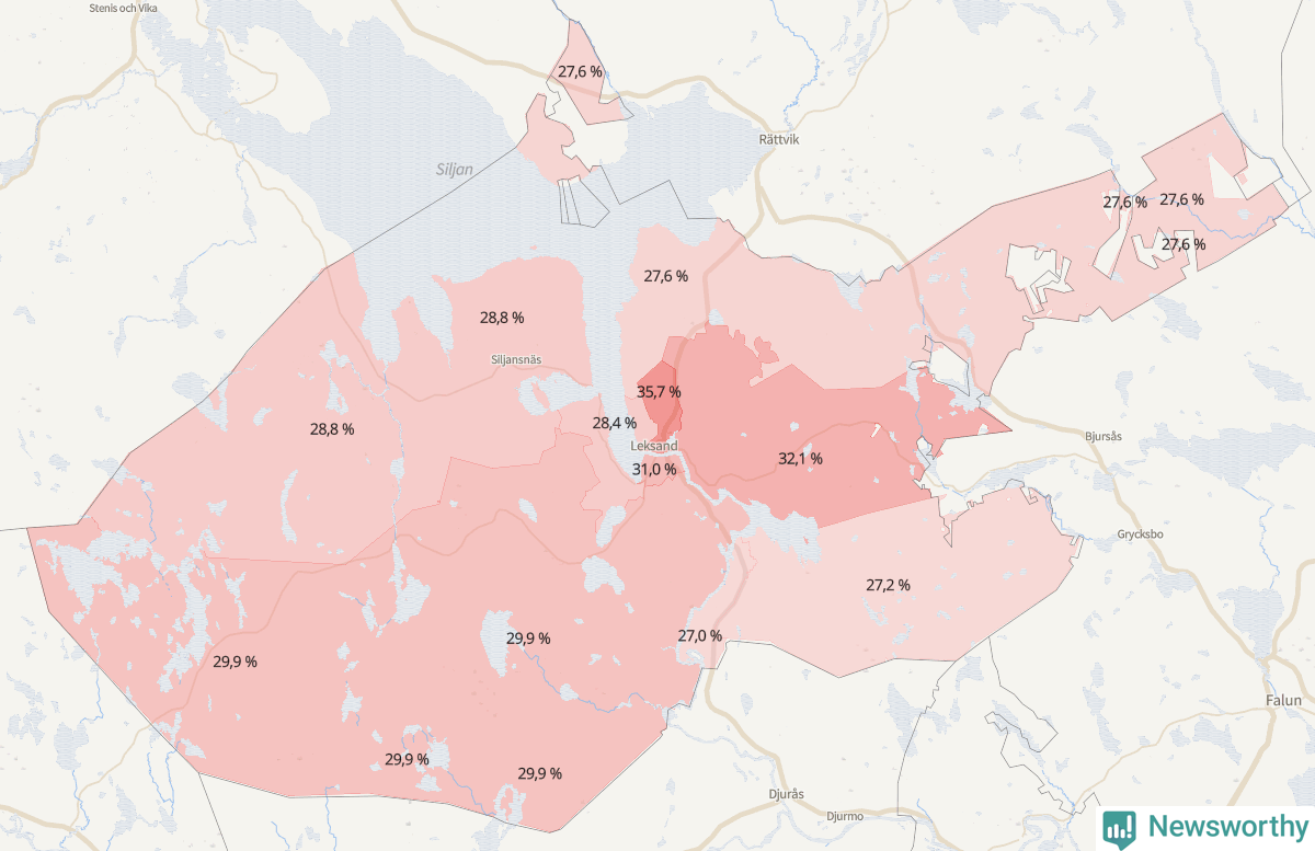 Koroplet-karta över partiets stöd i kommunens valdistrikt. Se tabell.