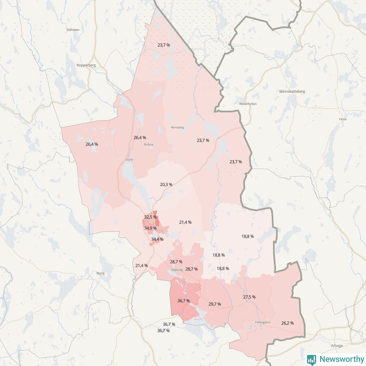 Koroplet-karta över partiets stöd i kommunens valdistrikt. Se tabell.
