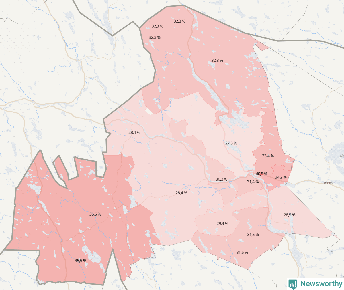 Koroplet-karta över partiets stöd i kommunens valdistrikt. Se tabell.