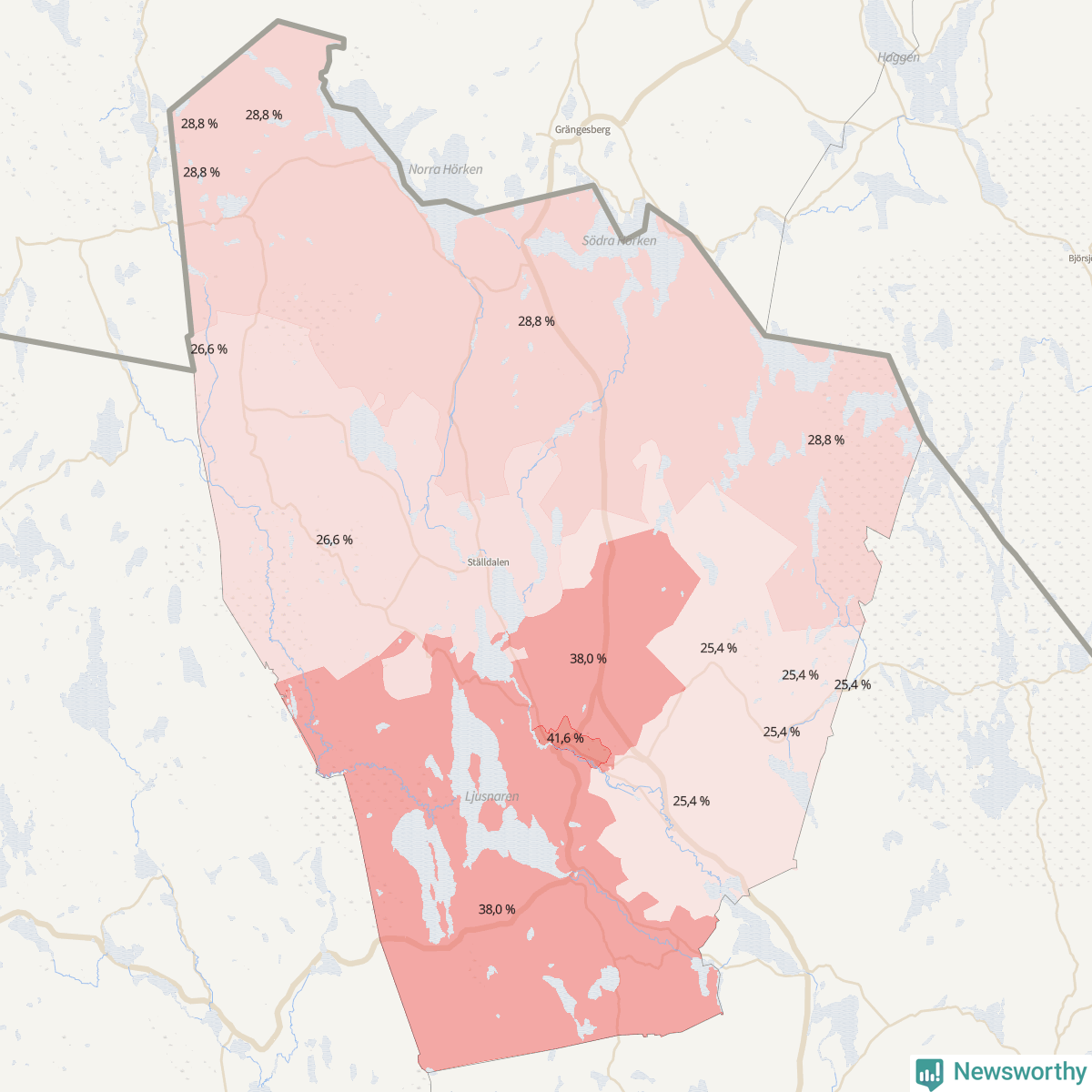 Koroplet-karta över partiets stöd i kommunens valdistrikt. Se tabell.