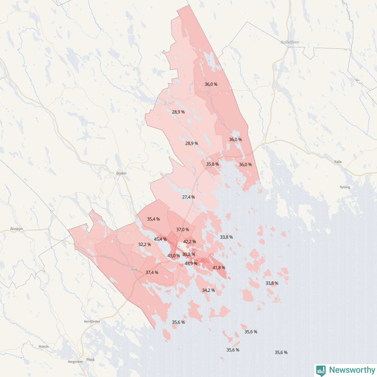 Koroplet-karta över partiets stöd i kommunens valdistrikt. Se tabell.