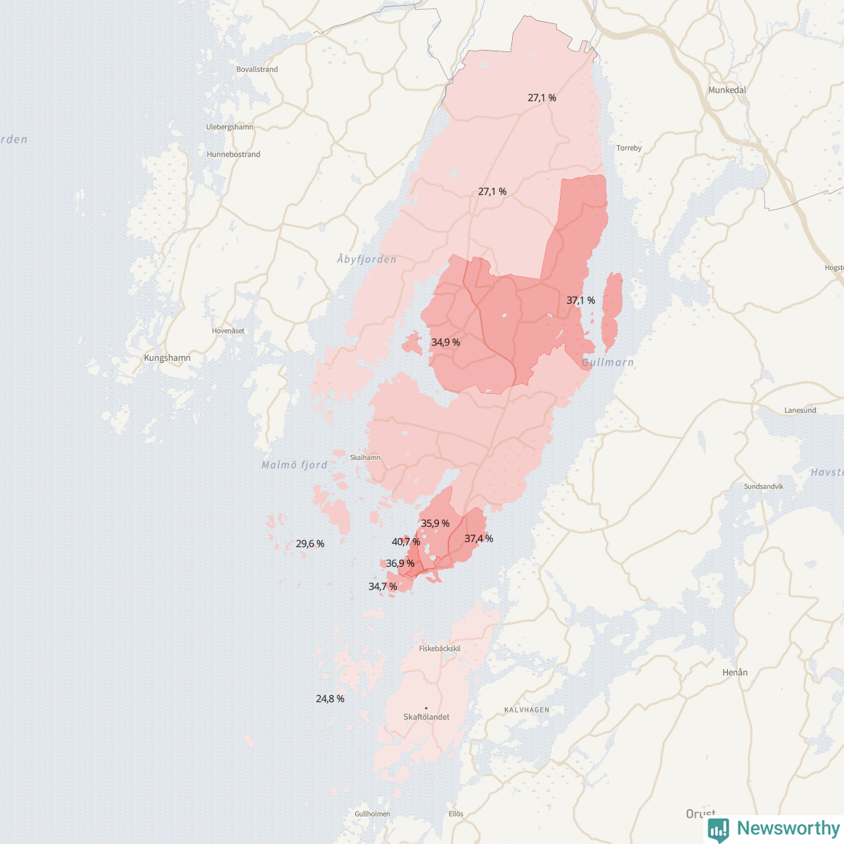 Koroplet-karta över partiets stöd i kommunens valdistrikt. Se tabell.