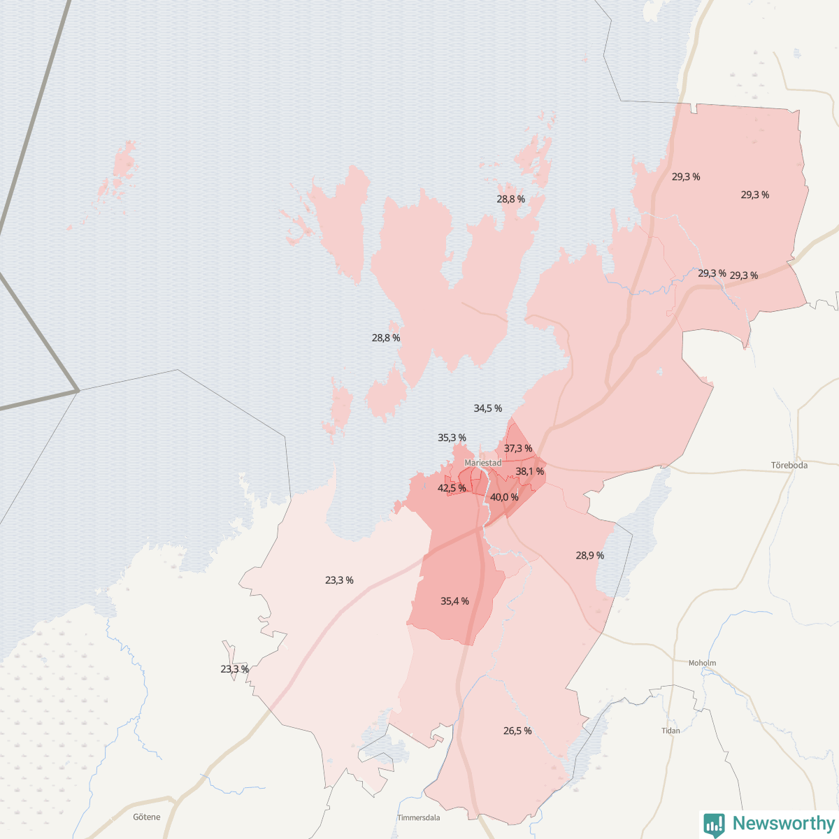 Koroplet-karta över partiets stöd i kommunens valdistrikt. Se tabell.