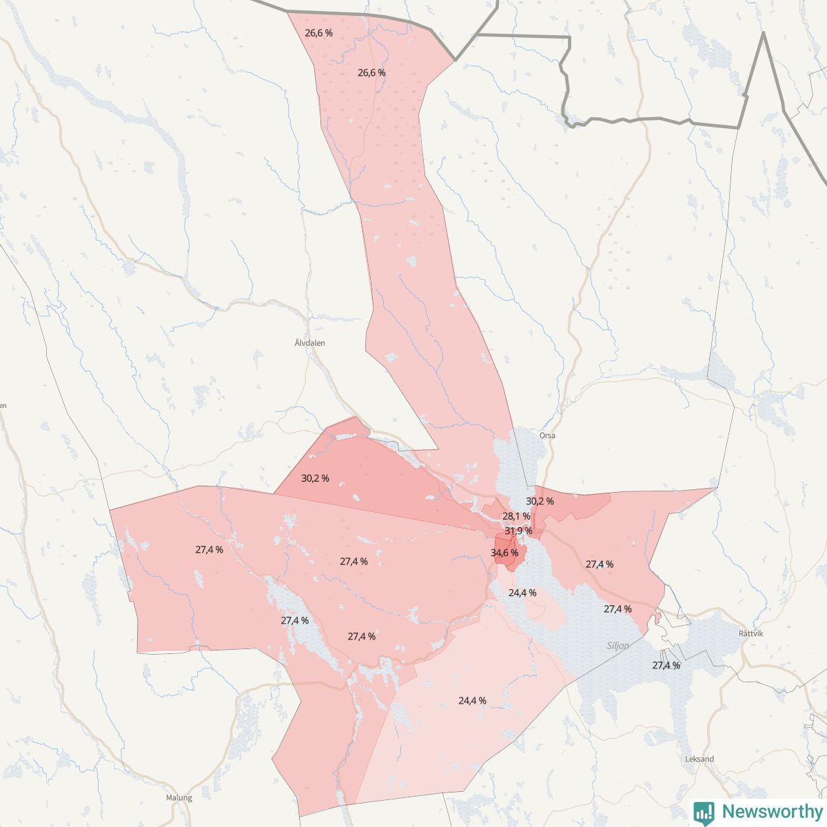 Koroplet-karta över partiets stöd i kommunens valdistrikt. Se tabell.