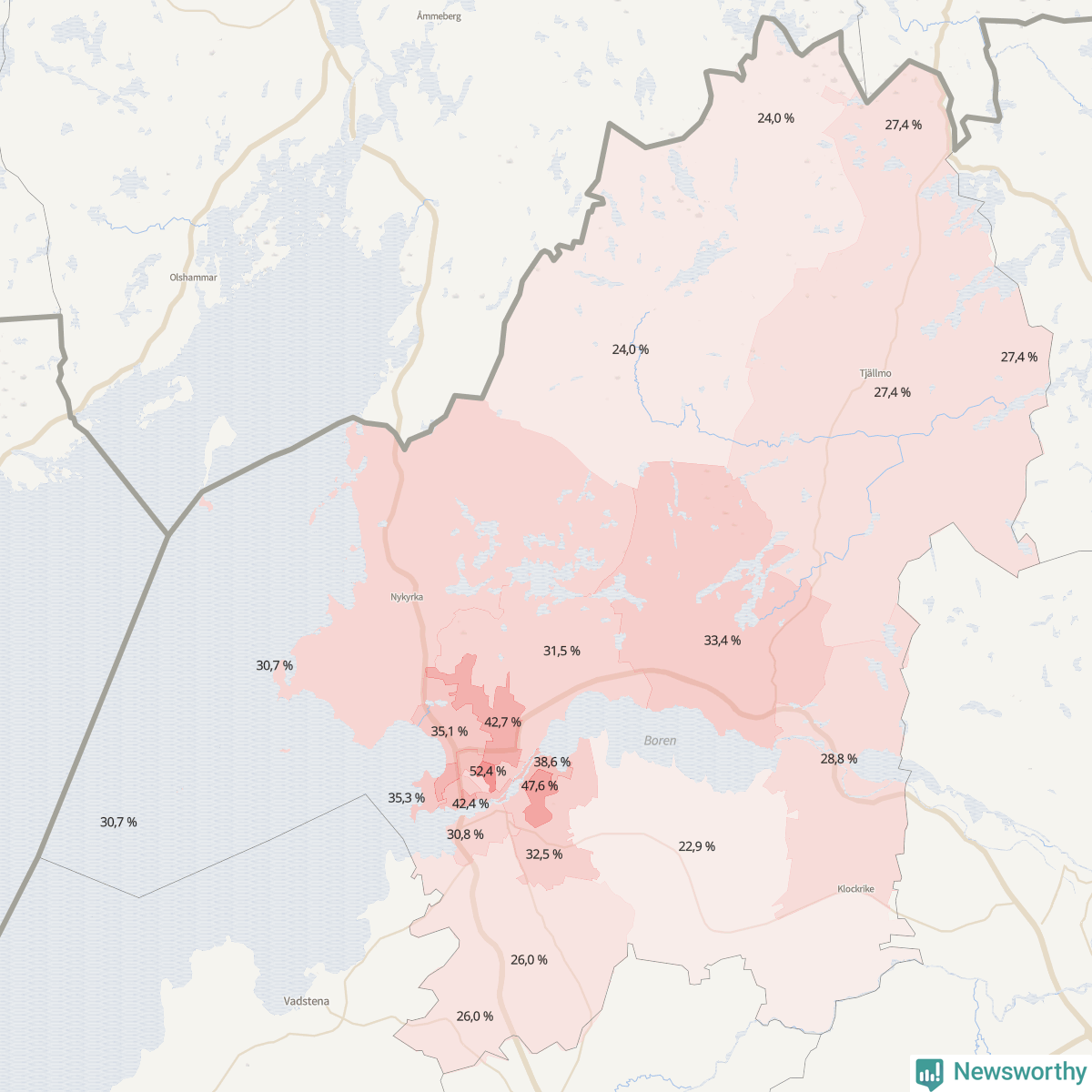 Koroplet-karta över partiets stöd i kommunens valdistrikt. Se tabell.