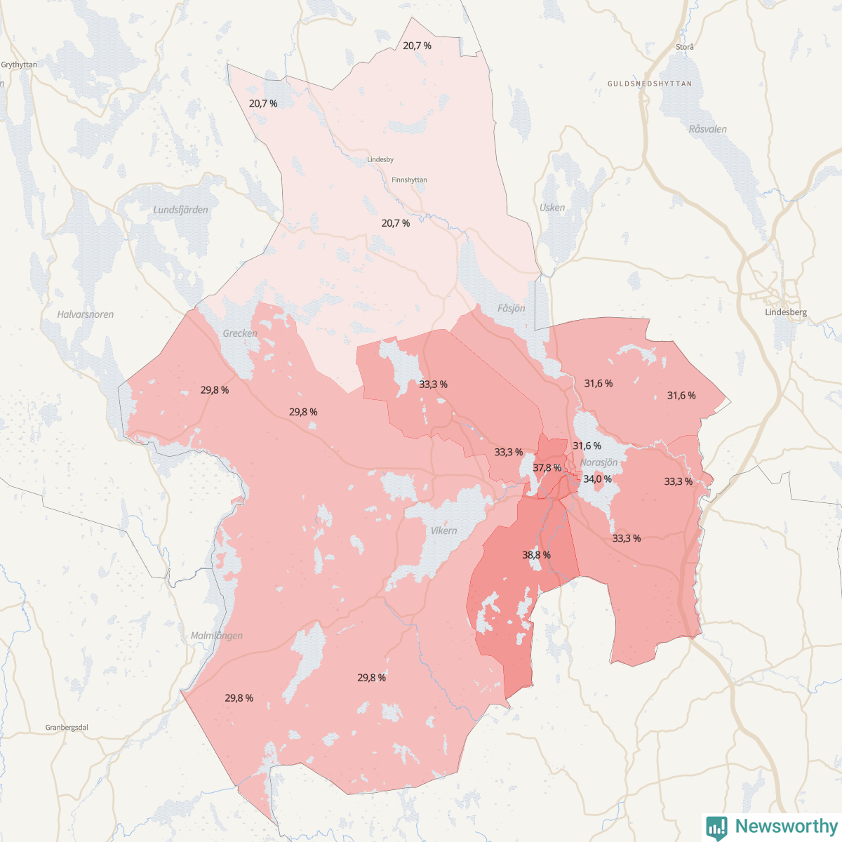 Koroplet-karta över partiets stöd i kommunens valdistrikt. Se tabell.