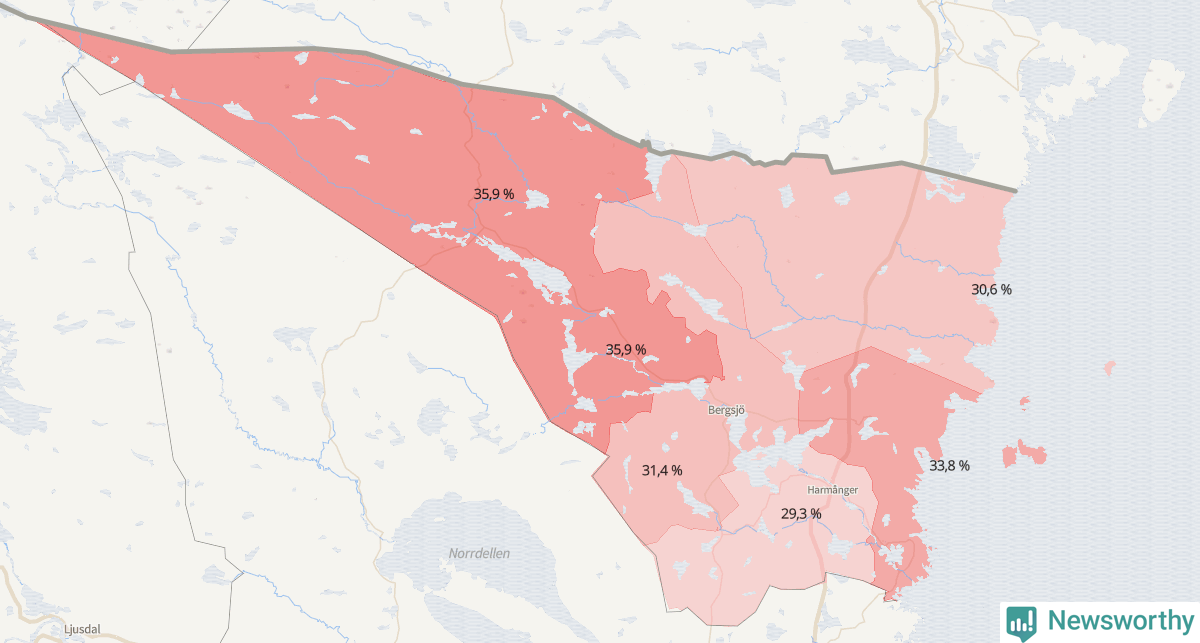 Koroplet-karta över partiets stöd i kommunens valdistrikt. Se tabell.