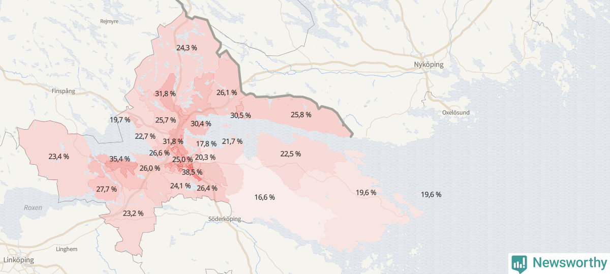 Koroplet-karta över partiets stöd i kommunens valdistrikt. Se tabell.