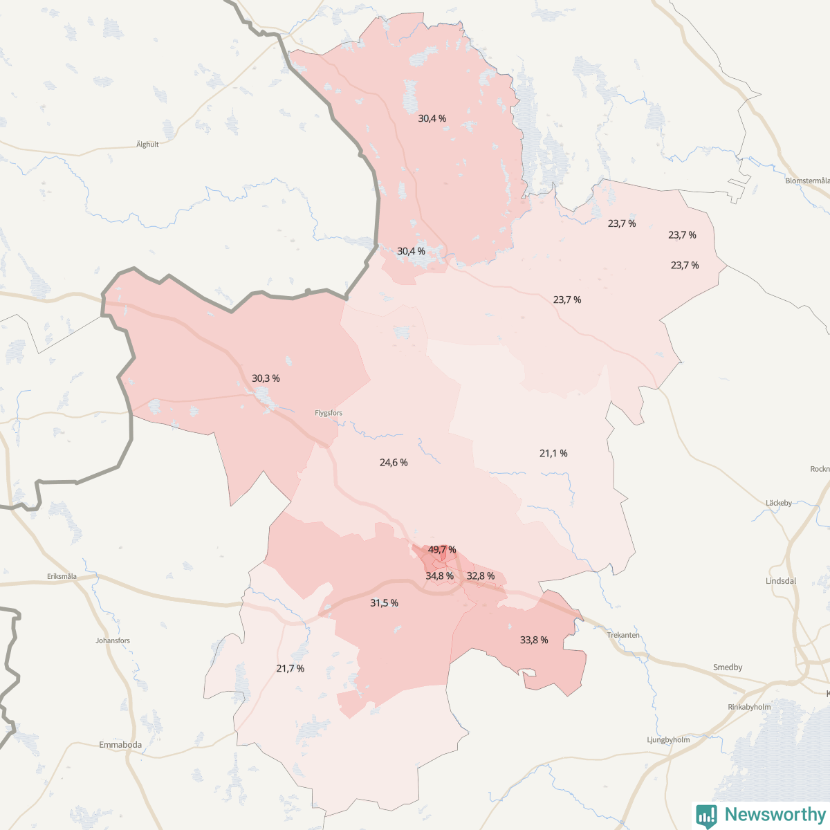 Koroplet-karta över partiets stöd i kommunens valdistrikt. Se tabell.