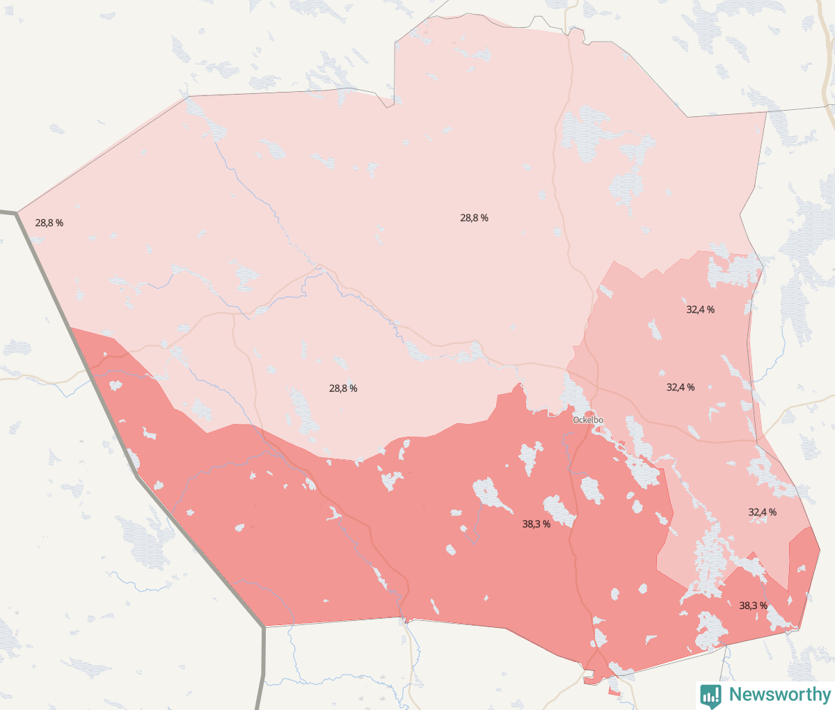 Koroplet-karta över partiets stöd i kommunens valdistrikt. Se tabell.