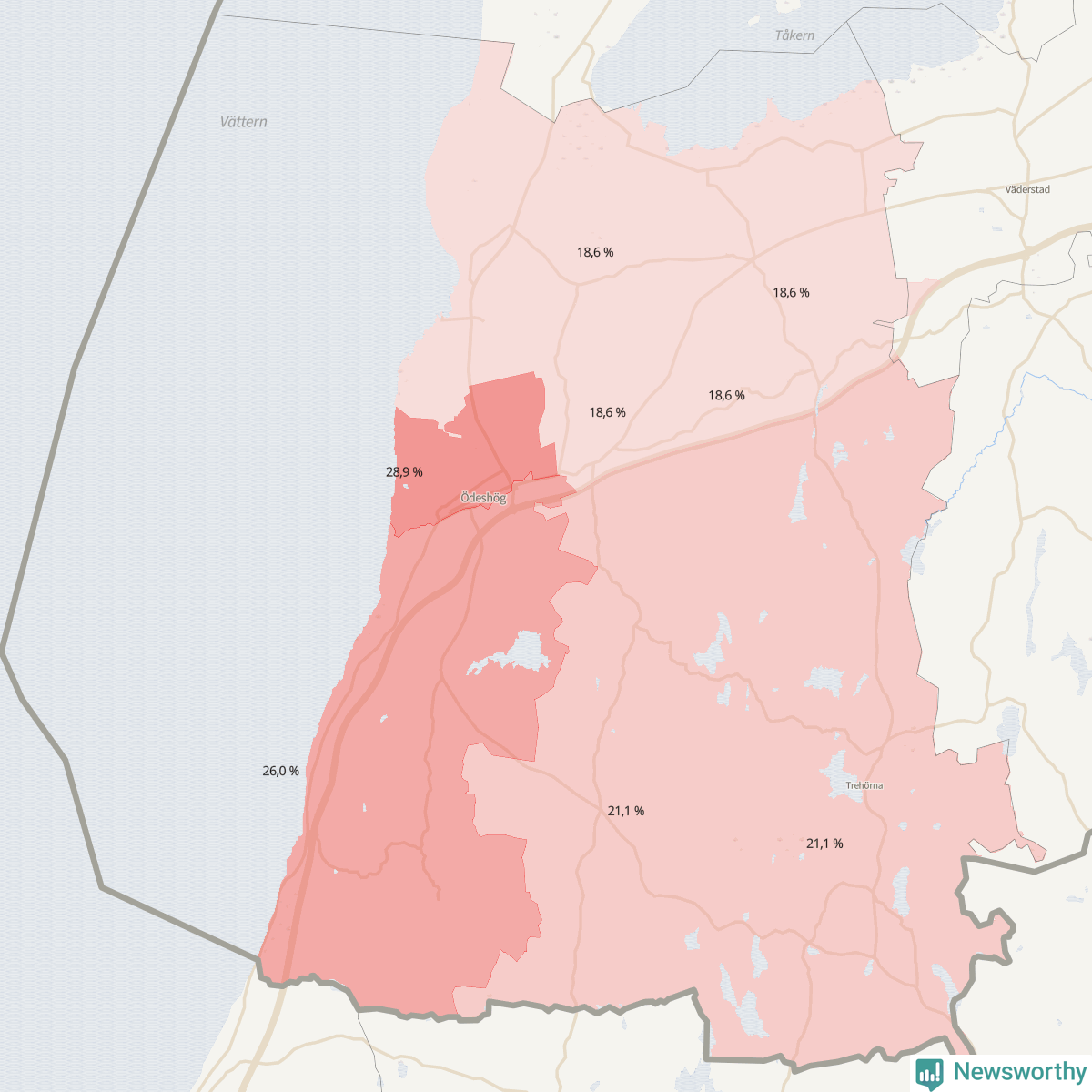 Koroplet-karta över partiets stöd i kommunens valdistrikt. Se tabell.