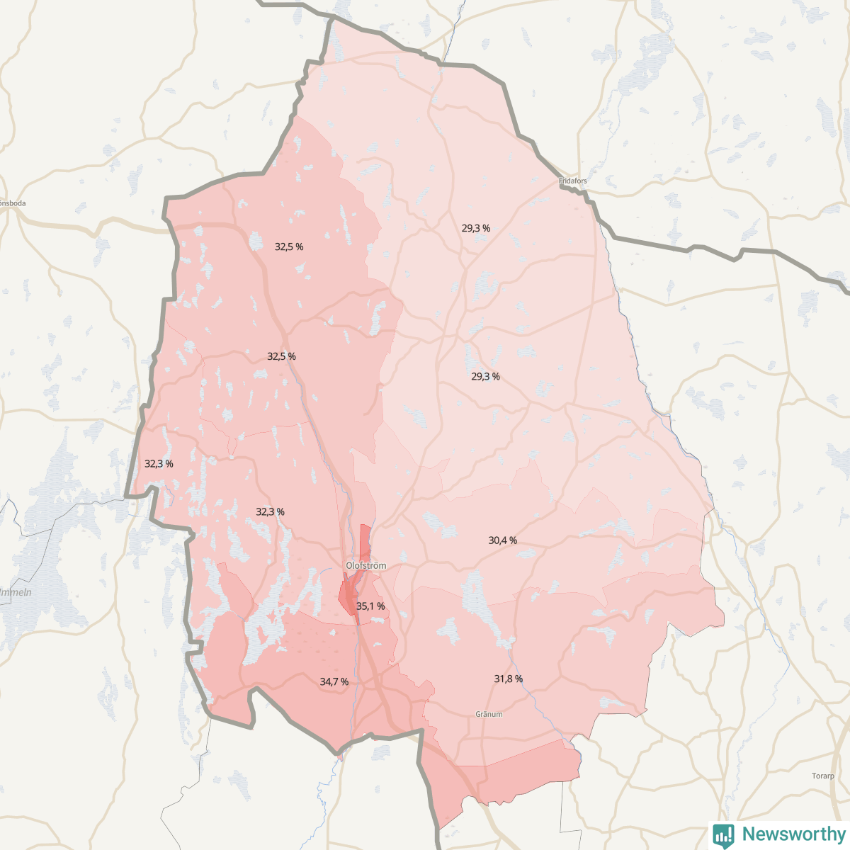 Koroplet-karta över partiets stöd i kommunens valdistrikt. Se tabell.